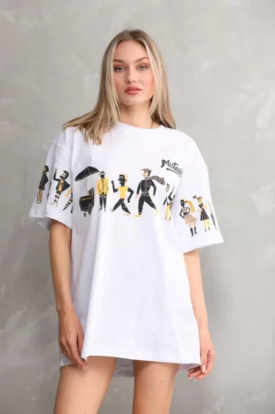 Unisex Bisiklet Yaka Baskılı Oversize T-Shirt - Beyaz ürün görseli