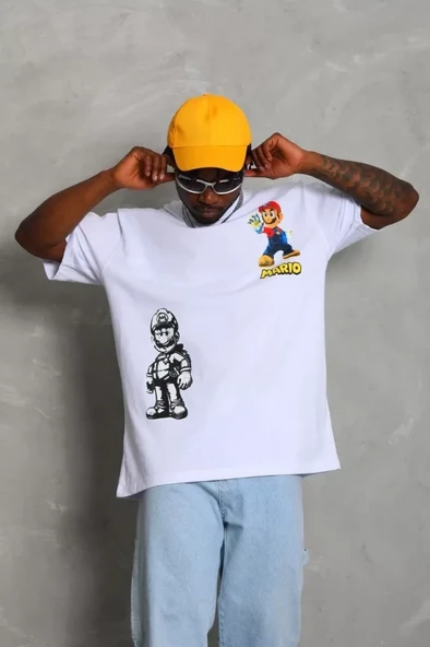 Unisex Oversize Baskılı Bisiklet Yaka T-Shirt - Beyaz - Resim 4