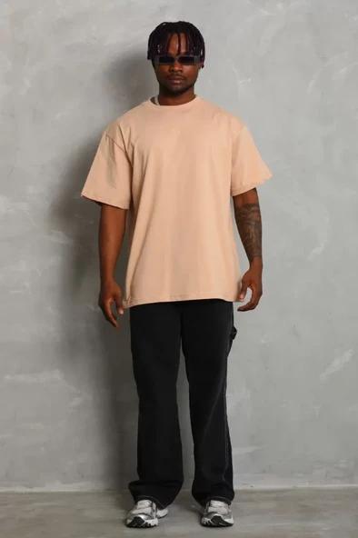 Unisex Oversize Düz Bisiklet Yaka T-Shirt - Bej ürün görseli