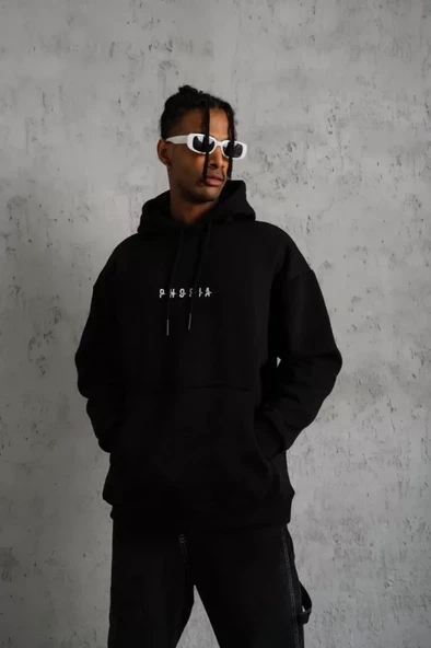 Erkek Astronot Baskılı Kapüşonlu Sweat - Siyah - Resim 2