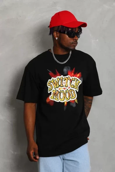 Unisex Oversize Baskılı Bisiklet Yaka T-Shirt - Siyah - Resim 3