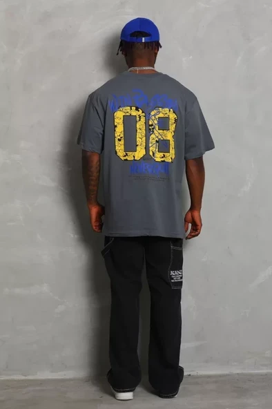 Unisex Oversize Baskılı Bisiklet Yaka T-Shirt - Füme - Resim 3