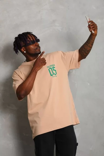 Unisex Oversize Baskılı Bisiklet Yaka T-Shirt - Bej - Resim 4