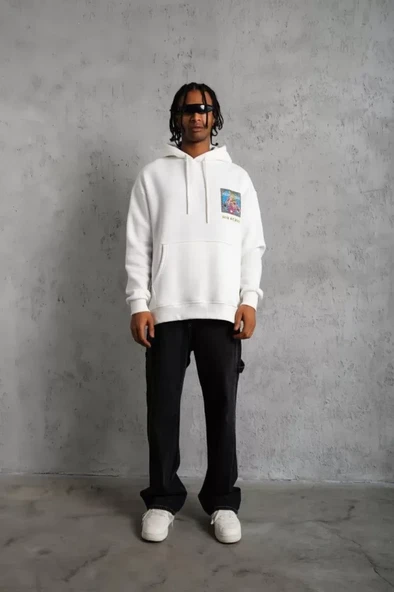 Erkek Patel Six Baskılı Kapüşonlu Sweat - Beyaz - Resim 3