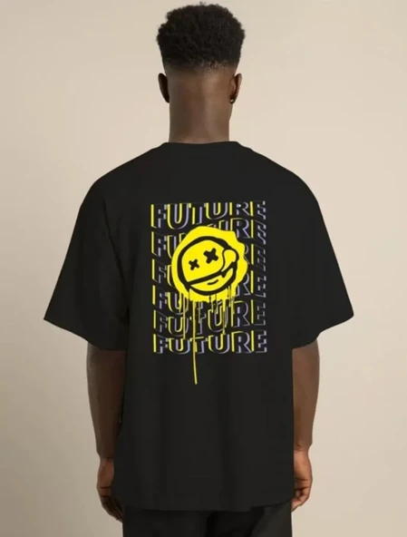 Unisex Bisiklet Yaka Baskılı Oversize T-Shirt - Siyah - Resim 4