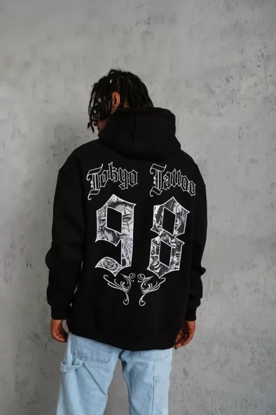 Erkek 98 Baskılı Kapşonlu Sweat - Siyah - Resim 3