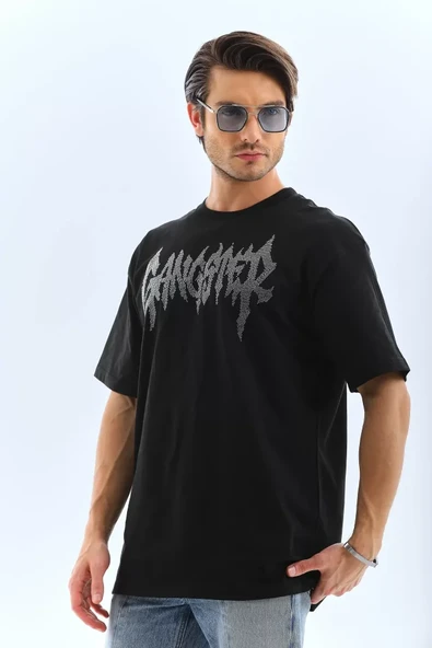 Unisex Oversize Taşlı Bisiklet Yaka T-Shirt - Siyah - Resim 4