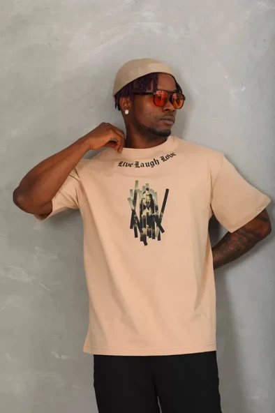 Unisex Oversize Baskılı Bisiklet Yaka T-Shirt - Bej - Resim 3