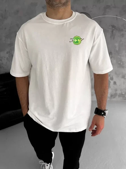 Unisex Bisiklet Yaka Baskılı Oversize T-Shirt - Beyaz ürün görseli