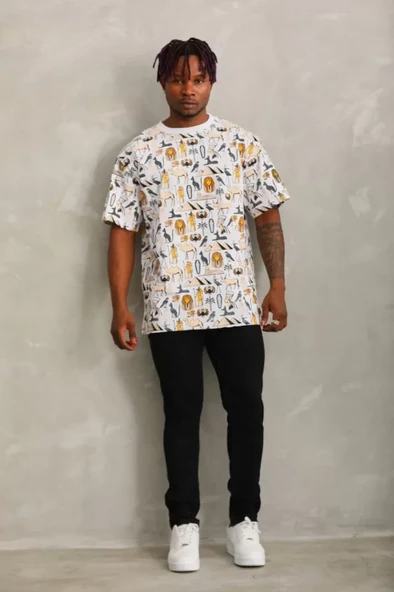 Unisex Oversize Baskılı Bisiklet Yaka T-Shirt - Beyaz - Resim 3