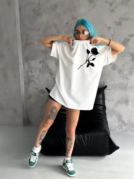 Unisex Bisiklet Yaka Baskılı Oversize T-Shirt - Beyaz - Resim 3