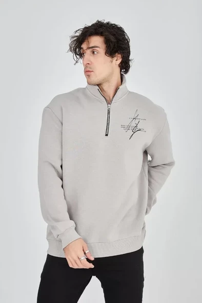 Erkek Yarım Fermuarlı Baskılı Sweat - Boyalı Gri - Resim 4
