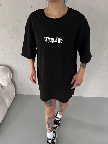 Unisex Bisiklet Yaka Baskılı Oversize T-Shirt - Siyah ürün görseli