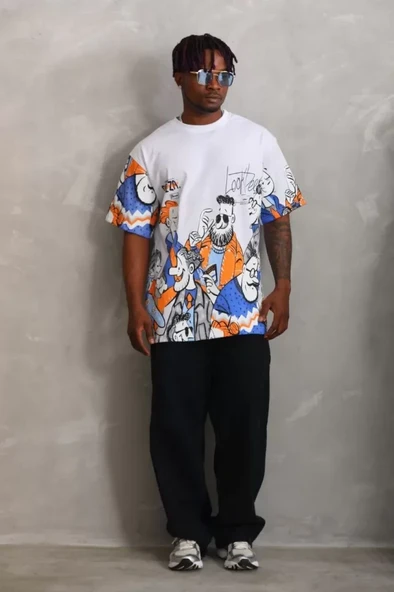 Unisex Oversize Baskılı Bisiklet Yaka T-Shirt - Beyaz ürün görseli