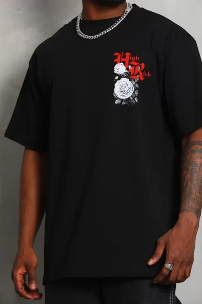 Unisex Oversize Baskılı Bisiklet Yaka T-Shirt - Siyah - Resim 2