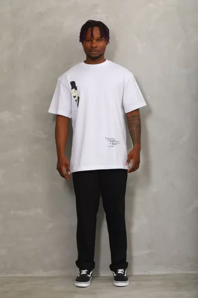 Unisex Oversize Baskılı Bisiklet Yaka T-Shirt - Beyaz - Resim 4