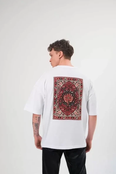 Unisex Bisiklet Yaka Baskılı Oversize T-Shirt - Beyaz - Resim 2