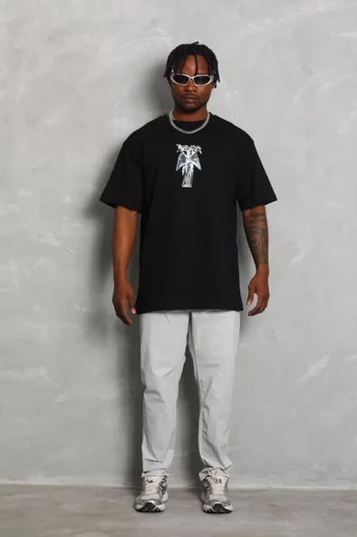 Unisex Oversize Baskılı Bisiklet Yaka T-Shirt - Siyah - Resim 3