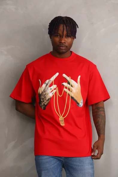 Unisex Baskılı Oversize T-Shirt - Kırmızı ürün görseli