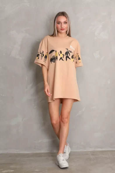 Unisex Bisiklet Yaka Baskılı Oversize T-Shirt - Bej - Resim 3