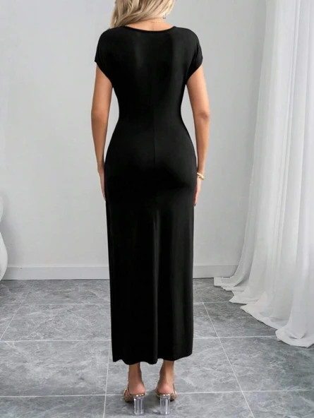 Kadın Yarım Ay Kollu Yuvarlak Yaka önünde Toka Detaylı Modal Maxi Elbise - Resim 4