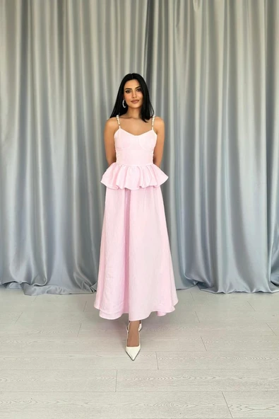 Pembe Beli Büzgülü İnci Askılı Uzun Elbise - Resim 2