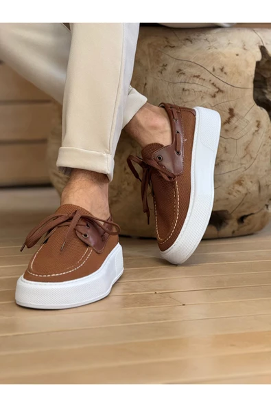 Pabucmarketi Bağcıklı Triko Erkek Casual Ayakkabı Kahve - Resim 2