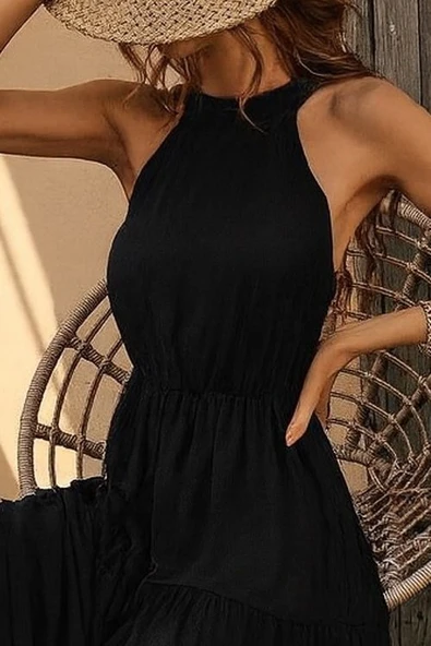 Kadın Kolsuz Halter Yaka Beli Lastiklidesenli Mikro Elbise - Resim 2