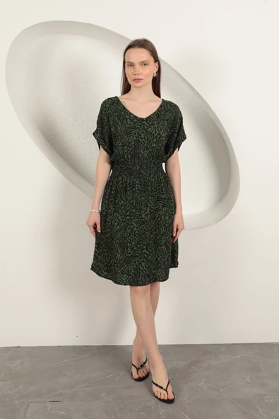 Viskon Kumaş Desenli Elbise-Haki ürün görseli