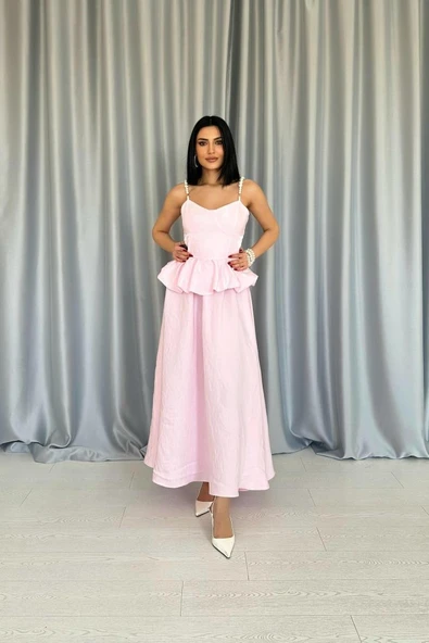 Pembe Beli Büzgülü İnci Askılı Uzun Elbise ürün görseli