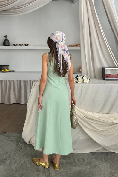 KETEN KOLSUZ KARE YAKA DÜĞME DETAYLI ELBİSE - Mint - Resim 4