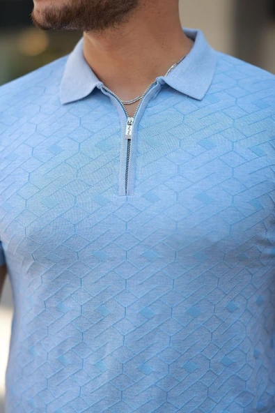 Erkek Fermuar Yakalı Baklava Desen Kısa Kollu Gömlek - 3