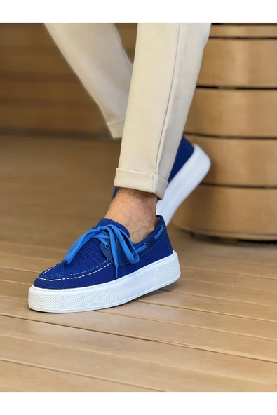Pabucmarketi Bağcıklı Triko Erkek Casual Ayakkabı Mavi - Resim 3
