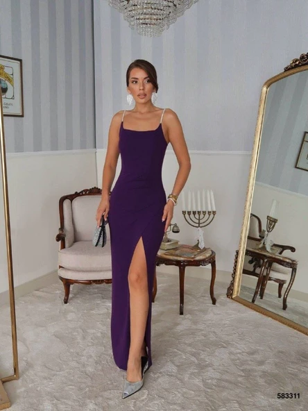 Kadın Omuz Askılı Derin Yırtmaç Detay Maxi Boy Elbise - Resim 3