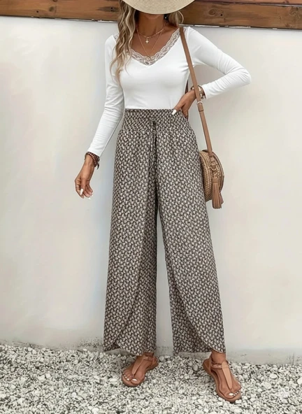 Kadın Yüksek Bel Lastikli önden Iki Parçalı Desenli Bürümcük Pantolon - Resim 8