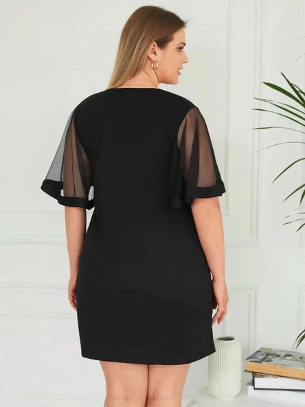 Kadın Tüllü Kısa Kollu V Yaka Krep Elbise - Resim 9