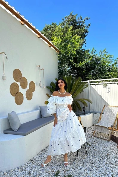 Lila Omuzları Lastikli Brode Elbise - Resim 2