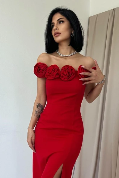 Kırmızı Madonna Yaka Güllü Elbise - Resim 2