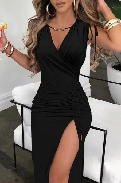 Kadın Sıfır Kollu V Yakalı Yırtmaç Detaylı Beli Büzgülü Omuzdan Bağcıklı Sandy Maxi Elbise ürün görseli