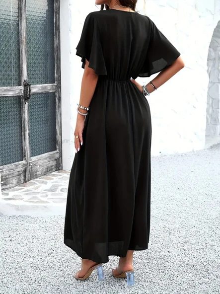 Kadın Kısa Kollu V Yakalı Beli Lastikli Uzun Viskon Elbise - Resim 2