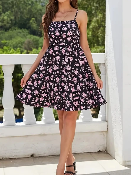 Kadın Askılı çiçek Desenli Süprem Mini Elbise - Resim 5