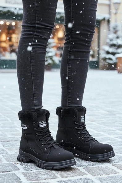 Aspor Siyah Fermuarlı Bağcık Detaylı İçi Polarlı Kadın Sneaker Bot ürün görseli 1