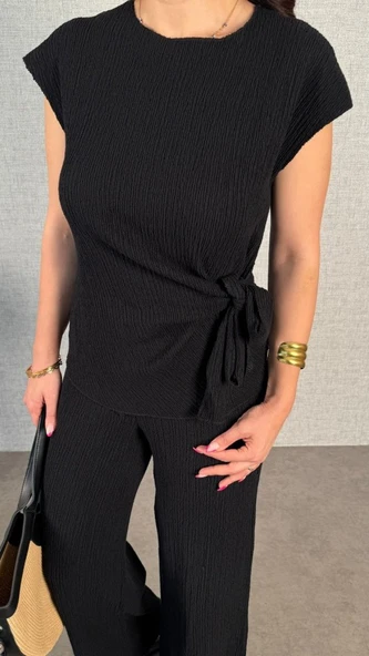 Kadın Kısa Kollu Bisiklet Yaka Yandan Bağlamalı Bürümcük Bluz Ve Pantolon Ikili Takım - Resim 5
