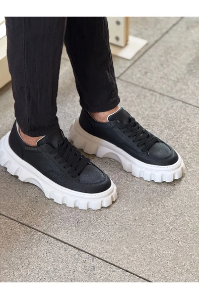 Pabucmarketi Bağcıklı Erkek Casual Ayakkabı Siyah (Beyaz Taban) - Resim 3