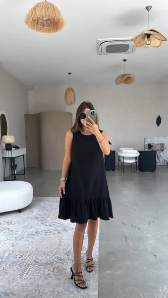 Kadın Bisiklet Yaka Eteği Volanlı Bürümcük Elbise - Resim 4