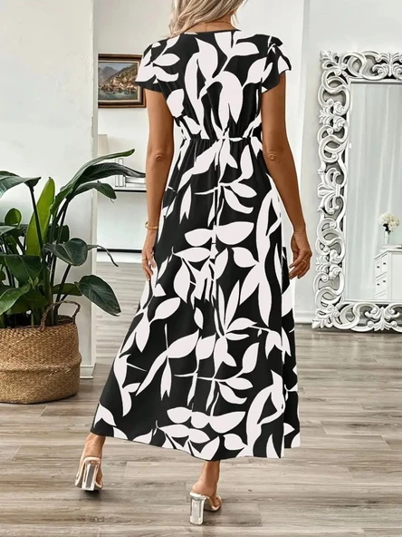 Kadın Kısa Kelebek Kollu Kruvaze Yaka Desenli Süprem Elbise - Resim 4