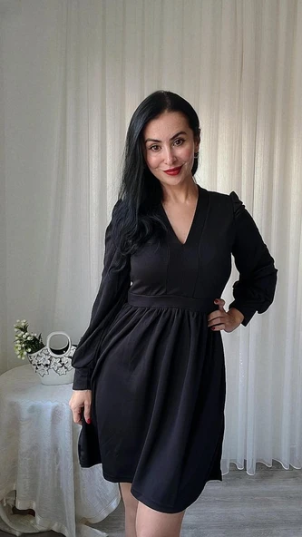 Kadın Uzun Kollu V Yaka Belden Hafif Pileli Scuba Krep Mini Boy Elbise ürün görseli