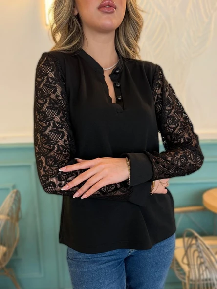 Kadın Uzun Kollu Kolları Dantelli Hakim Yaka Krep Bluz - Resim 4
