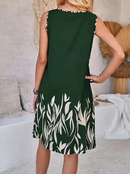 Kadın Askılı Yuvarlak Yakalı Yaprak Desenli Dalgıç Elbise - Resim 4