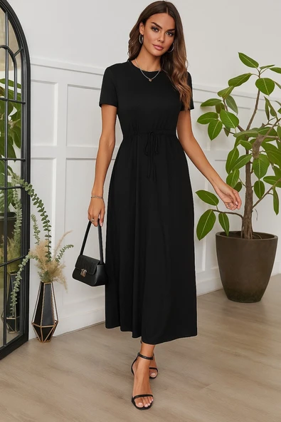 Kadın Kısa Kollu Bisiklet Yaka Belden Bağlamalı önü Bağcık Detaylı Maksi Boy Viskon Elbise ürün görseli